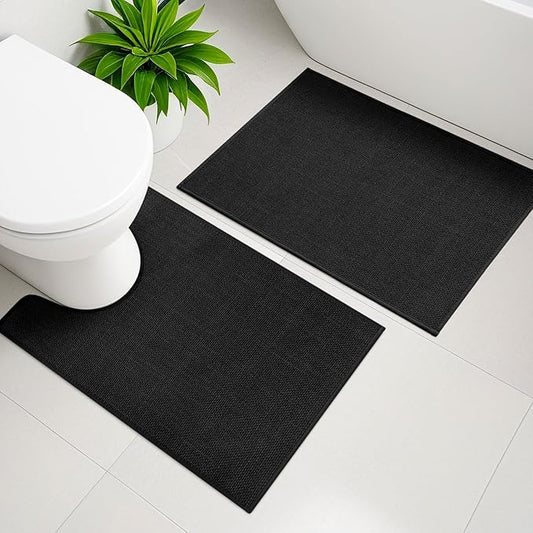 YIHOUSE Black Bathroom Rug Sets 2 Piece, Bathroom Mat Quick Dry, Thin Bath Rug Set,Absorbent Bath Mat for Bath Room Non Slip Washable for Toilet and Floor(17.5"x24"U+17"x24")