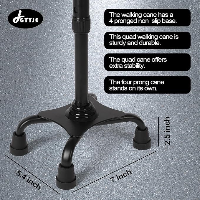 Quad Cane with LED Light (300 lbs) - Adjustable 4-Pronged Walking Cane Sticks for Men & Women, Extra Balance & Stability for Seniors