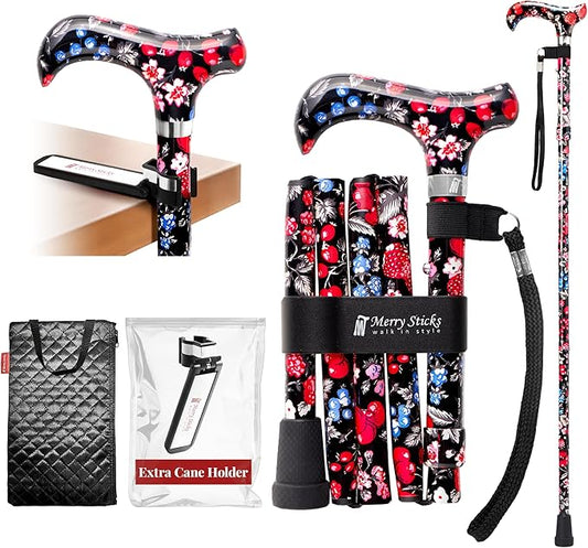 [Combo] Merry Sticks Lightweight Foldable Walking Canes for Women and Men, Adjustable & Collapsible Walking Stick for Seniors, Includes A Cane Bag & A Smart Reflective Cane Holder
