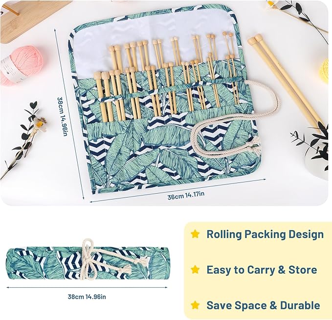 Aeelike 18 Pairs Bamboo Knitting Needles Set - 10 Inches Wooden Knitting Needles Single Point with Roll Bag - Portable Knittings Needle Set for Beginners (2mm - 10mm)