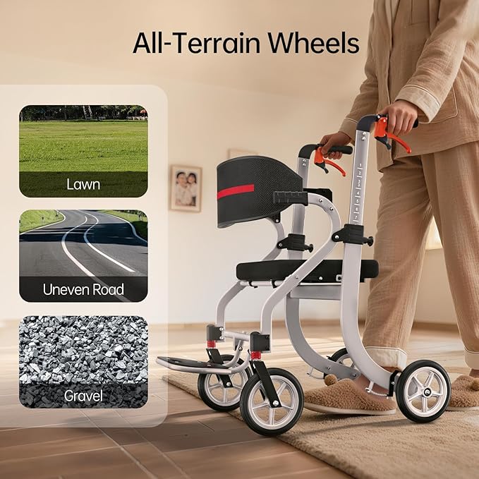 Rollator Walkers for Seniors with Seat, Foldable Lightweight Rolling Walker with 8" All Terrain Wheels, Height Adjustable 2 in 1 Walker Wheelchair Combo with Brake, No Installation, White