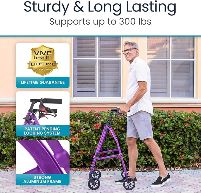 Vive Mobility Lightweight Walker for Seniors - Narrow, Folding Walker w/Wheels for Small & Tight Spaces - Light Weight for Balance, Compact Doorways, Foldable - Portable & Collapsible for Travel