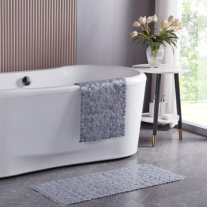 Bath Shower Mat Non Slip: Extra Large Pebble Bathtub mat for Families, Anti Slip Shower Matt with Drain Holes Suction Cups Tub Mat - 16 X 40 Inch Grey