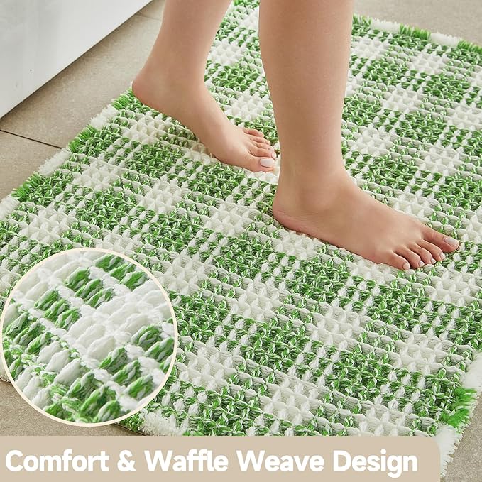 Waffle Bath Mat, Boho Bathroom Rugs Non Slip Washable Absorbent Checkered Bathroom Mat Quick Dry Cute Christmas Bath Mat, 30"x20" Green and White