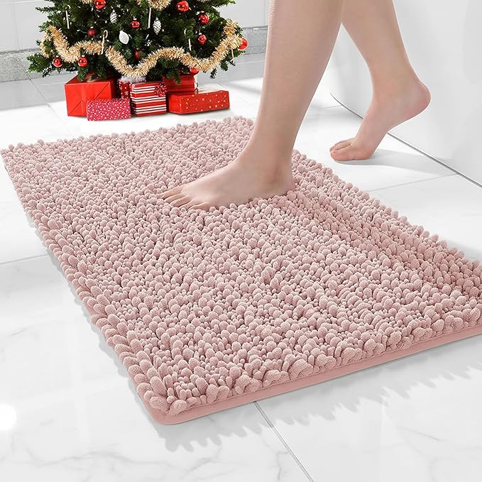 Small Bathroom Rug Non Slip Washable Pink Bath Mat 20x32 Super Absorbent Soft Bathroom Floor Mat Chenille Bath Rug for Shower Tub