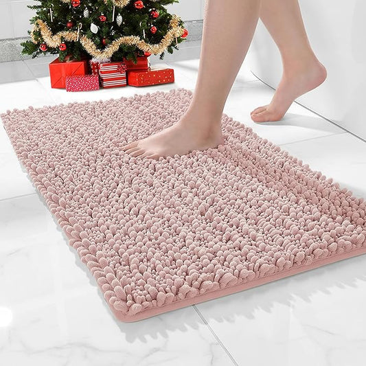 Small Bathroom Rug Non Slip Washable Pink Bath Mat 20x32 Super Absorbent Soft Bathroom Floor Mat Chenille Bath Rug for Shower Tub