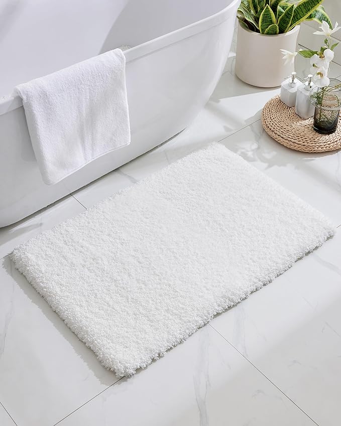 White Bathroom Rug 20x32 Non Slip Fluffy Bath Mat for Bathroom Floor Washable Plush Luxury Bath Rug for Tub Soft Shaggy Absorbent Shower Sink Mat