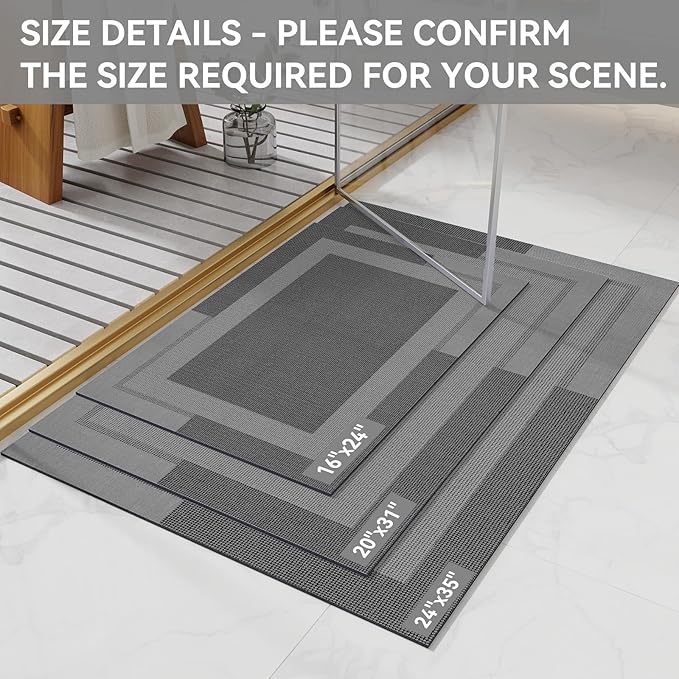 Non Slip Bath Mat, Rubber Backing Ultra Thin Bathroom Rugs Fit Under Door Quick Dry Super Absorbent Washable Bath Rug Shower Mat for Bathroom Floor Bathtub Sink, Easy Care Dark Grey 20"x 32"