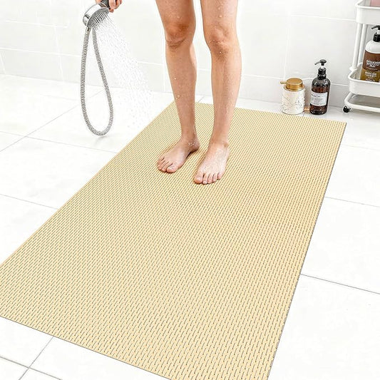 Extra Large Non-Slip Shower Mat, Fast-Dry PVC Bath Stall Tub Mat, Drain-Hole Design for Shower Stall Tub for Elderly/Kids, Non Slip Bath Mat Bathroom Safety Accessory, Khaki 58"x32"