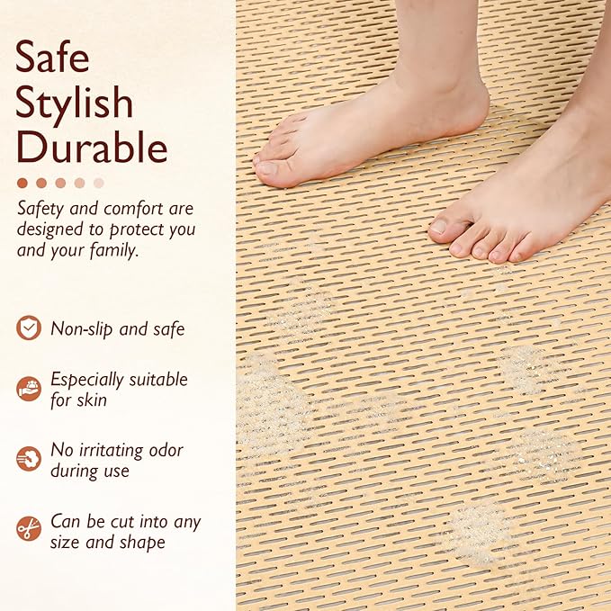 Extra Large Non-Slip Shower Mat, Fast-Dry PVC Bath Stall Tub Mat, Drain-Hole Design for Shower Stall Tub for Elderly/Kids, Non Slip Bath Mat Bathroom Safety Accessory, Khaki 47"x32"