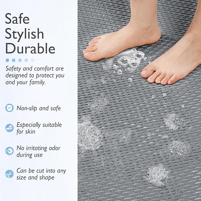 Extra Large Non-Slip Shower Mat, Fast-Dry PVC Bath Stall Tub Mat, Drain-Hole Design for Shower Stall Tub for Elderly/Kids, Non Slip Bath Mat Bathroom Safety Accessory, Gray 58"x32"