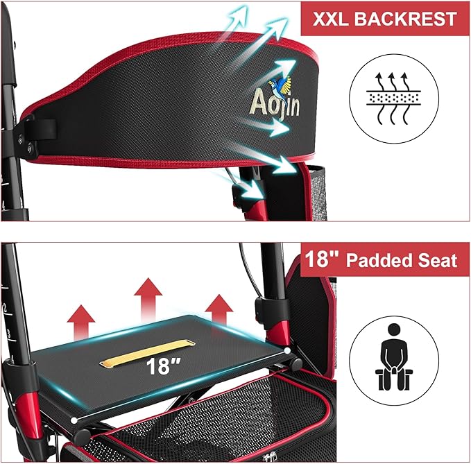 Walkers for Seniors, Rollator Walker with Seat, 350 lb Weight Capacity, 18" Big Seat, 8" All-Terrain Wheels, 6-Level Adjustable Height, Lightweight Aluminum Frame Rollator Walkers for Seniors (Red)