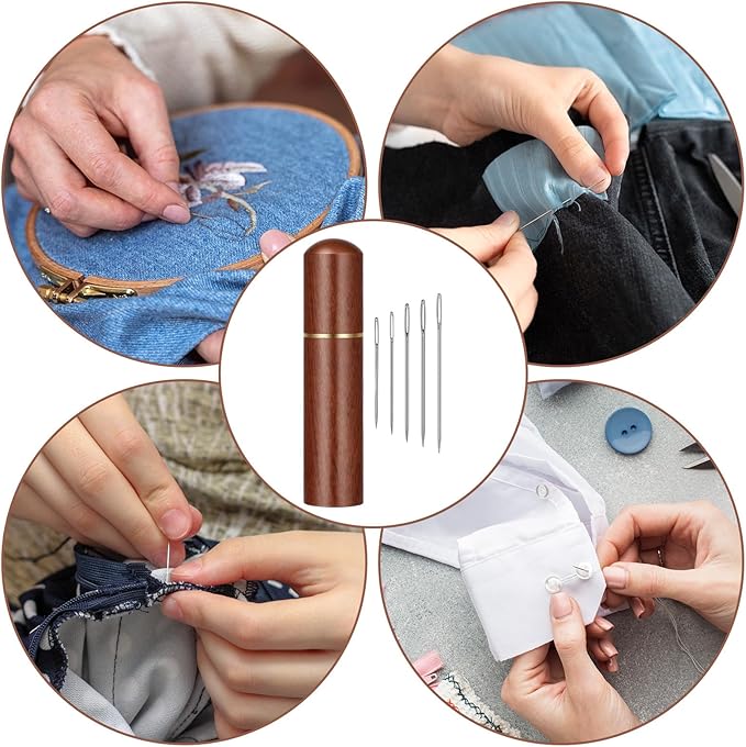 50 Pcs Large Eye Sewing Needles, 5 Sizes Embroidery Blind Needles Kit with Wooden Needle Box, Stainless Steel Yarn Knitting Needles for DIY Sewing Projects