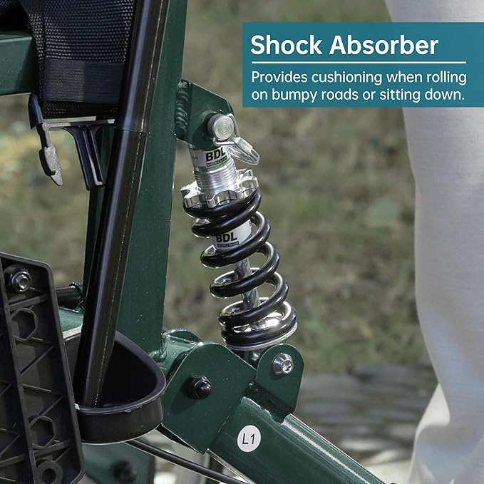 ELENKER 2 in 1 Rollator Walker & Transport Chair for Seniors, Folding Rolling Walker Wheelchair Combo with Wide Seat and Shock Absorber, Green