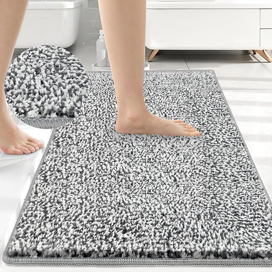HDFK Bath Mat Non Slip 24x16 Inches 2 Tone Chenille Soft Medium Pile with TPR Backing | Absorbent Shower Rug | Light Gray Stain Hiding Bathroom Rugs for Wet Dry Transition Zone Front Decor