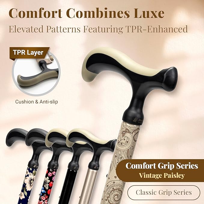 Merry Sticks Lightweight Foldable Walking Canes for Women and Men, Adjustable & Collapsible Walking Stick for Seniors, Non-Slip Ergonomic Handle with 1 Extra Replacement Cane Tip – Vintage Paisley