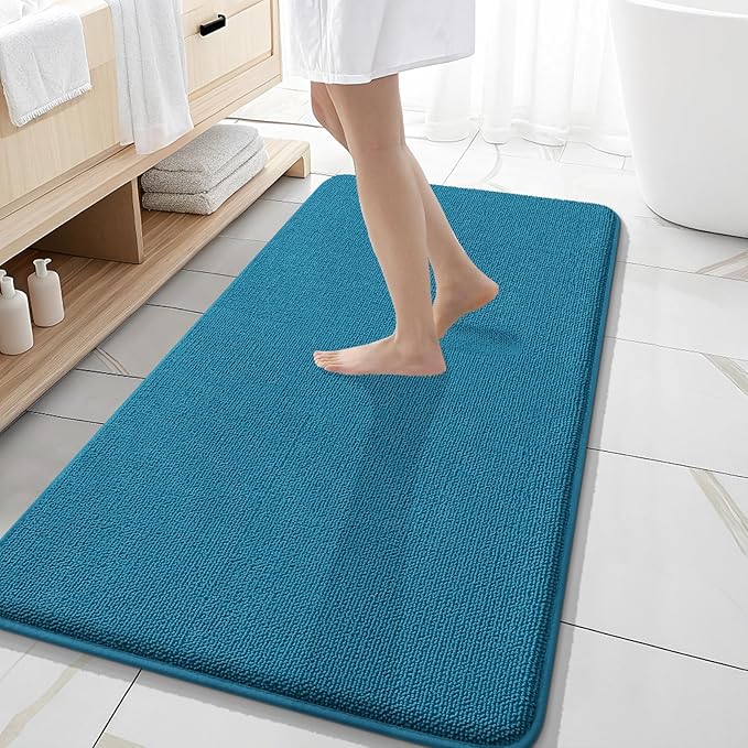 OLANLY Thick Memory Foam Bath Mat Rug 47x20, Extra Soft Absorbent Bathroom Rug, Quick Dry Bath Mat, Non-Slip, Machine Washable Carpet for Bathroom, Tub and Shower, Home Decor Accessories, Peacock Blue
