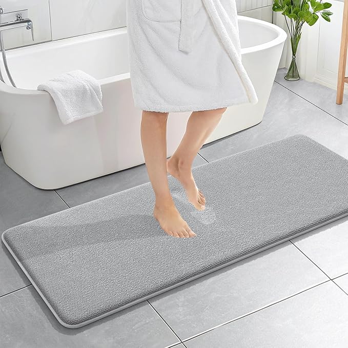 OLANLY Thick Memory Foam Bath Mat Rug 59x20, Extra Soft Absorbent Bathroom Rug, Quick Dry Bath Mats, Non-Slip, Machine Washable Carpet for Bathroom, Tub and Shower, Home Decor Accessories, Light Grey