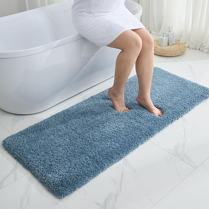 Blue Bathroom Rug 24x48 Non Slip Fluffy Bath Mat for Bathroom Floor Washable Plush Luxury Bath Rug for Tub Soft Shaggy Absorbent Shower Sink Mat