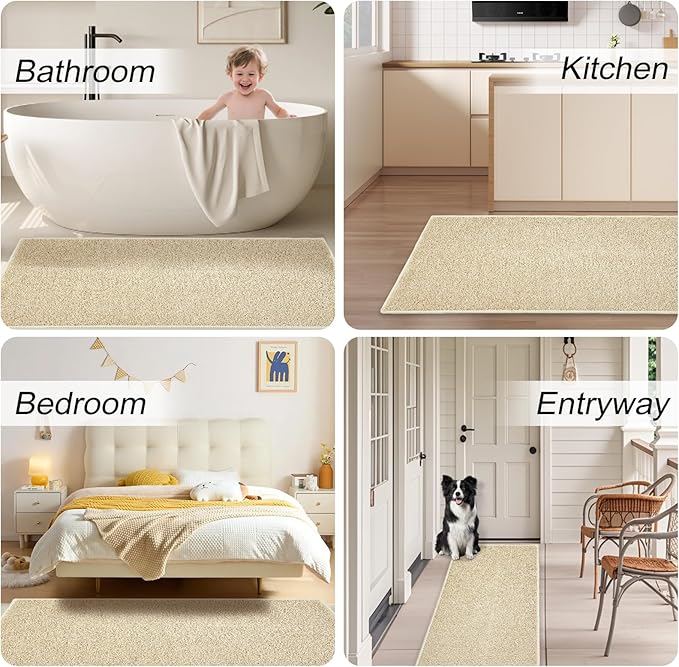HDFK Bath Mat Runner Rug Non Slip 60x24 Inches Bathroom Rugs 2 Tone Plush Chenille Medium Pile with TPR Backing | Ultra Absorbent Solid Khaki | Long Mats for Tub Side Wet Dry Transition Zone Decor