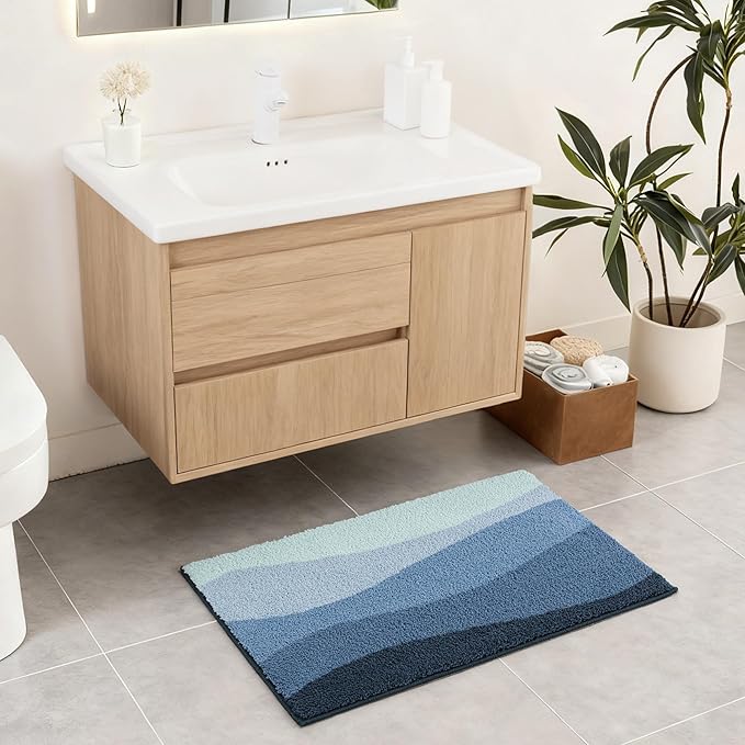 Exclusivo Mezcla Bathroom Rugs Mat 20x30, Extra Soft Non Slip Absorbent Water Microfiber Bath Rugs, Machine Washable Quick Dry Bath Mats for Bathroom Floor, Shower, Home Decor, Waved Blue