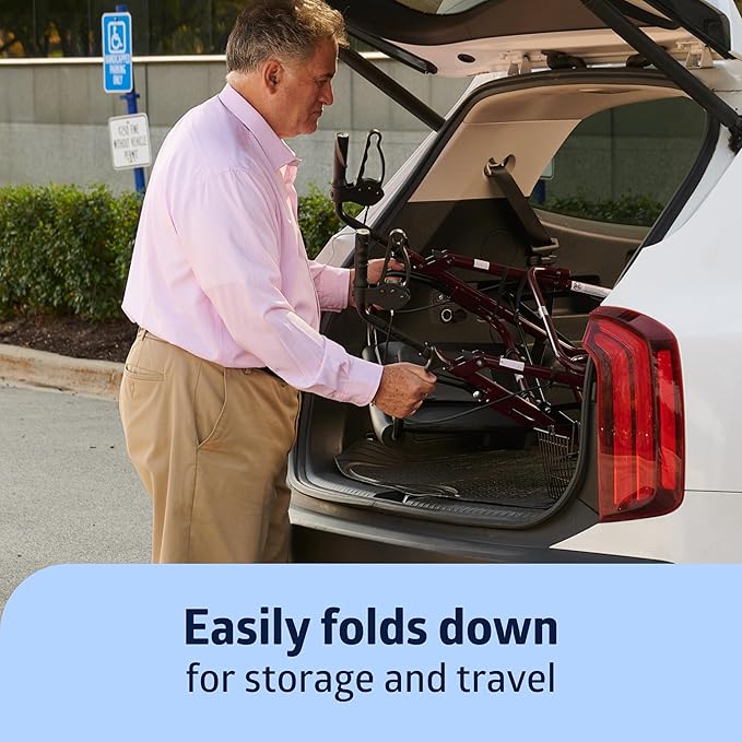 Medline Large Extra Wide Aluminum Bariatric Rollator Walker with Seat, Burgundy, 400 lb. Weight Capacity, Foldable, Under Seat Storage, 8" Wheels, Padded Backrest, Rolling Walker For Seniors & Adults