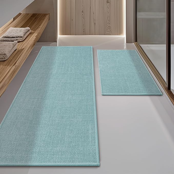 YIHOUSE Blue Bathroom Rug Sets 2 Piece, Bathroom Mat Quick Dry, Thin Bath Rug Set,Absorbent Bath Mat for Bathroom Non Slip Washable for Toilet and Floor