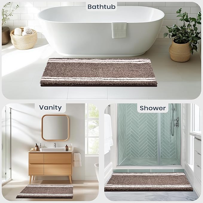 PURRUGS Bathroom Rug Non-Slip Machine Washable 30" x 60", Super Absorbent and Quick Dry Shaggy Microfiber Bath Mat, Extra Soft and Plush Bath Rug for Bathtub, Shower and Sink, Brown