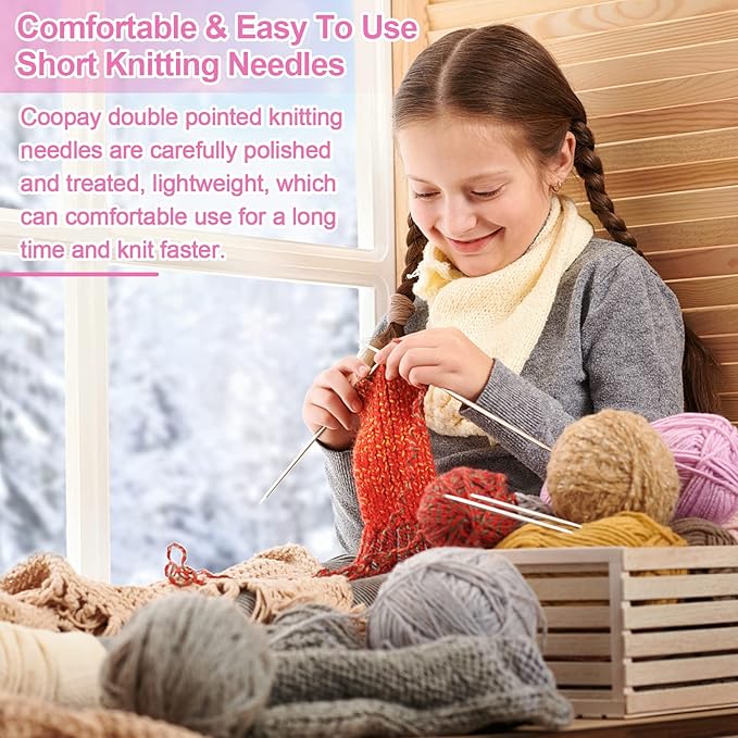 Coopay 55PCS Double Pointed Knitting Needles 7.9", Short Stainless Steel Knitting Needles Set 2.0-6.0mm Knitting Kit, Straight DPN Sock Needles Knitting Set Sweater Needle Set with Pack & Gauge