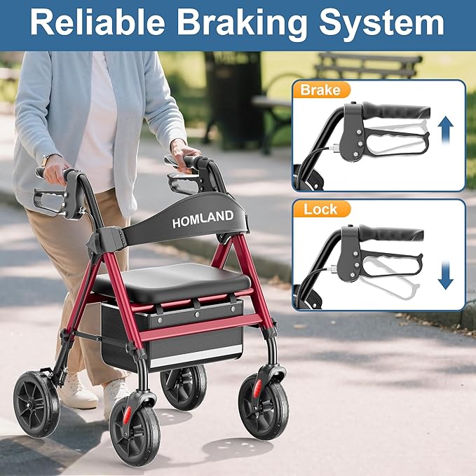 HOMLAND Rollator Walkers for Seniors with Seat, 8" All Terrain Wheels, Durable Aluminum Frame, Lightweight Foldable Walker with Ergonomic Seat, Height Adjustable Rolling Walker
