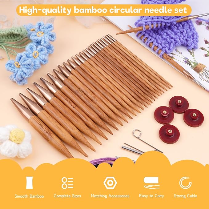 Weabetfu Knitting Needles Set with Bamboo Circular Knitting Needle 13 Pair Interchangeable Knitting Needles and Cables, Accessories and Case Perfect for Beginner, DIY Crafts