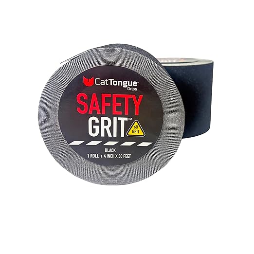 CatTongue Safety Grit Abrasive Grip Tape 4” - 60 Grit Anti-Slip Tape - Waterproof, Safety Traction for Stairs, Ramps & Walkways - Indoor/Outdoor Use - Independently Certified (Black, 30ft)