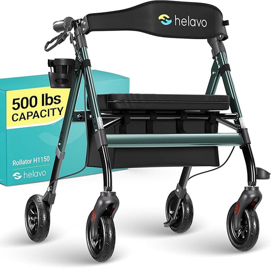 Helavo Bariatric Walker with Large, Height-Adjustable Seat, 500 lbs Weight Capacity, 8-inch Wheels, 28-inch Wide - Extra Wide Heavy Duty Rollator for Seniors