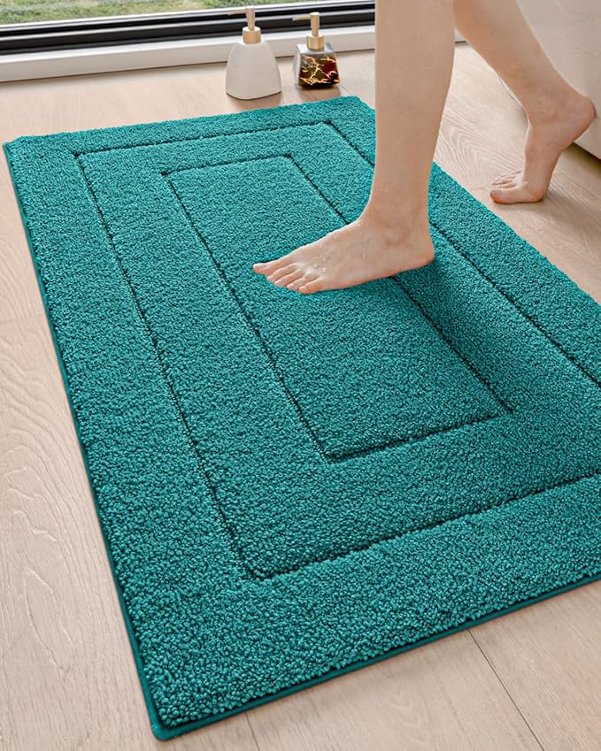 DEXI Bathroom Rug 43x24, Non Slip Washable Bath Mat for Shower Floor, Extra Large Absorbent Soft Bathmat with Rubber Backing, Quick Dry Microfiber Carpet, Teal