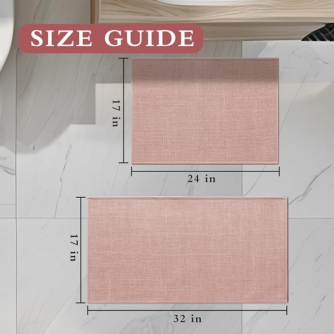 YIHOUSE Pink Bathroom Rug Set, 2 Piece, 17"x24"+17"x32", Non-Slip, Quick Dry, Machine Washable, Modern Style, Bath Mat
