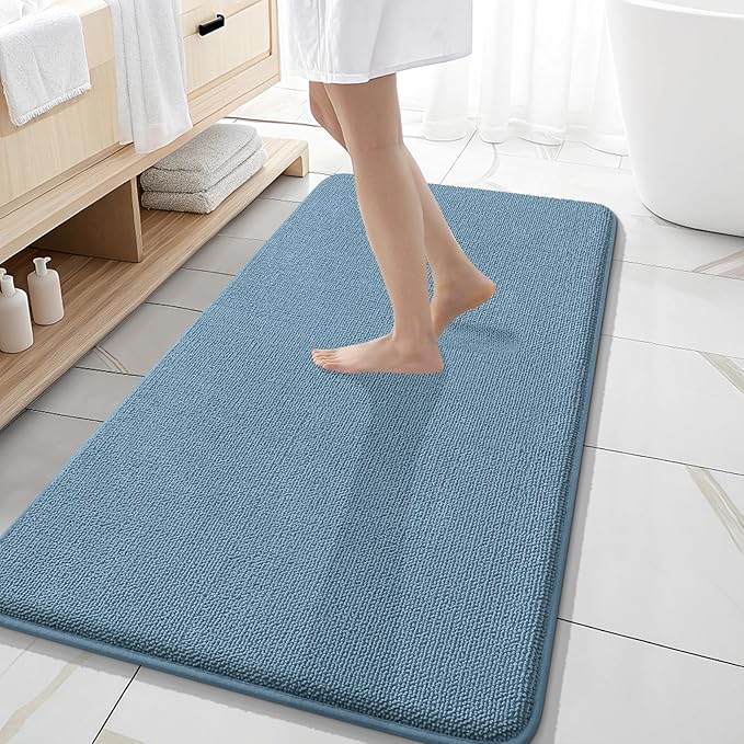 OLANLY Thick Memory Foam Bath Mat Rug 47x20, Extra Soft Absorbent Bathroom Rug, Quick Dry Bath Mats, Non-Slip, Machine Washable Carpet for Bathroom, Tub and Shower, Home Decor Accessories, Airy Blue