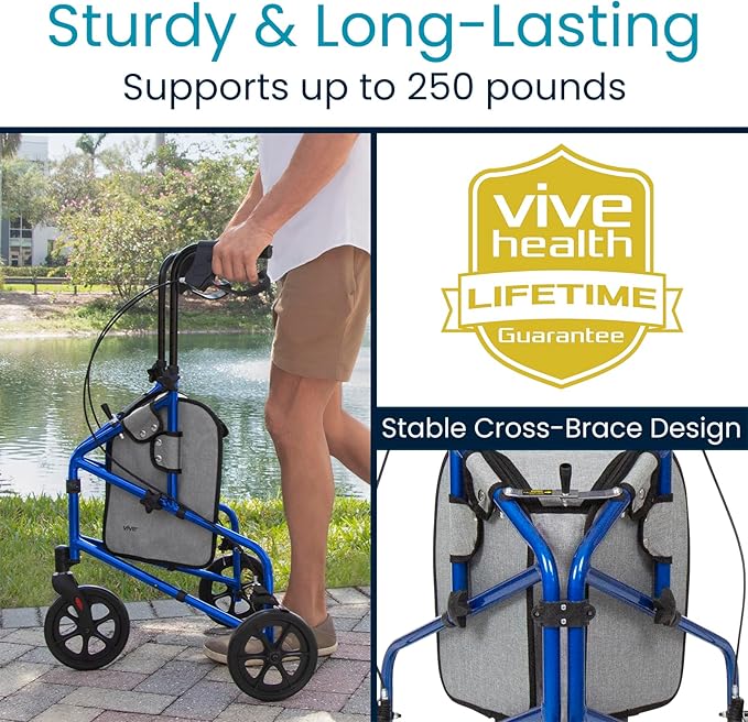 Vive Mobility 3 Wheel Walker - Three Wheeled Rollator for Seniors - Lightweight, Foldable, Narrow, Heavy Duty - for Elderly Men Women - Folding 3-Wheel Tri Scooter with Basket Bag