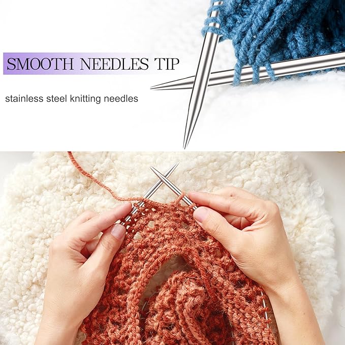 Katech 16.93 inch (43cm) Circular Knitting Needles Set, 2.75mm-5.00mm Stainless Steel Knitting Needles with Cables, 7 Sizes Short Round Needle for Sweaters, Hats, Socks, Scarves