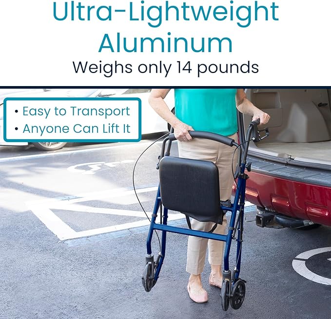 Vive Ultra Lightweight Rollator Walker with Seat - Foldable, Narrow, Rolling Senior Walker for Small Spaces - 4 Wheel Aluminum Adult Easy Drive Aid with Underseat Accessory - Weighs Only 14 Lbs