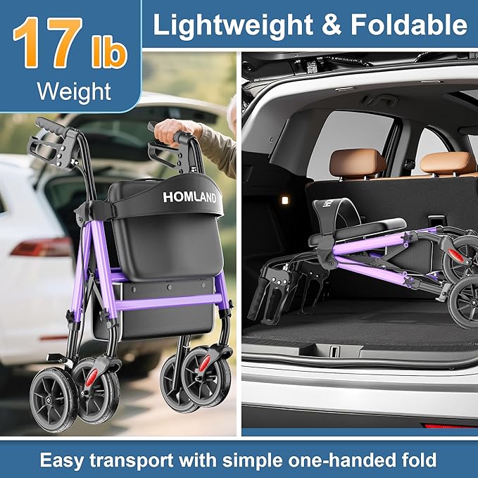 HOMLAND Rollator Walkers for Seniors with Seat, 8" All Terrain Wheels, Durable Aluminum Frame, Lightweight Foldable Walker with Ergonomic Seat, Height Adjustable Rolling Walker