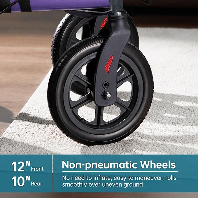 ELENKER All-Terrain Rollator Walker with Seat, Outdoor Rolling Walker, 12” Non-Pneumatic Tire Front Wheels, Compact Folding Design for Seniors, Purple