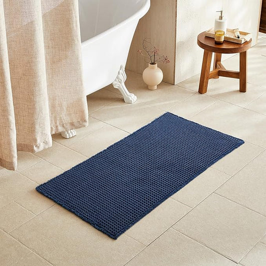 Waffle Bath Mat, Boho Bathroom Rugs Non Slip Washable Super Absorbent Quick Dry Bath Mat Farmhouse Bathroom Decor, 48"x24" Navy Blue