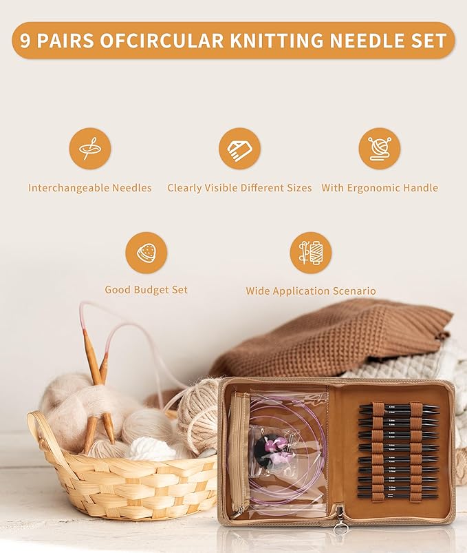 Interchangeable Circular Knitting Needle Set, 9 Pairs of Circular Knitting Needle Set, 3 to 6mm Metal Knitting Needles Set with Ergonomic Handles and Storage Bag, for Weaving Project