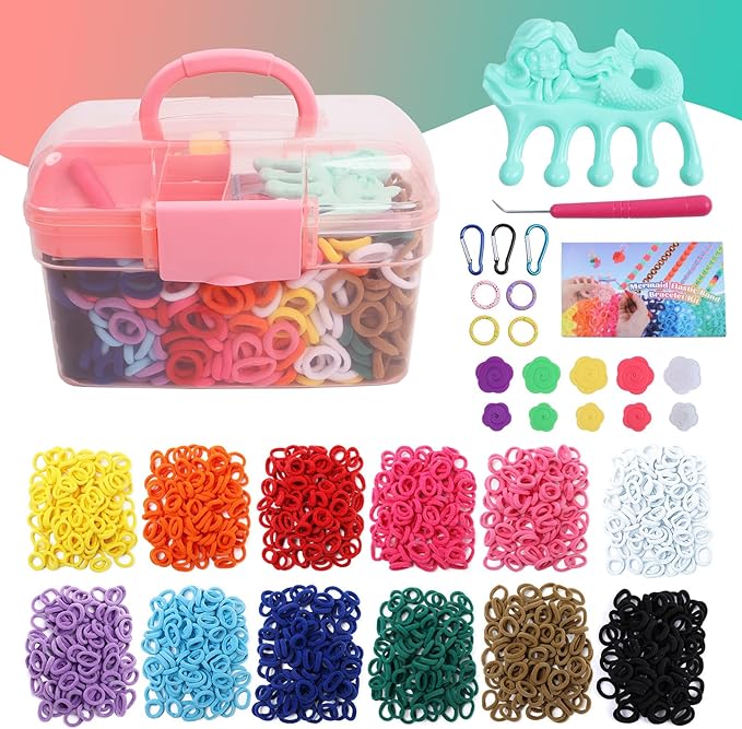 ZMMB Mermaid Bracelet Making Kit for Girls Ages 6-12 - 1200+ Rainbow Elastic Cloth Loom Bands in 12 Colors, DIY Craft Set with Mermaid Loom Tool, Storage Box – Great Birthday Gift for Kids