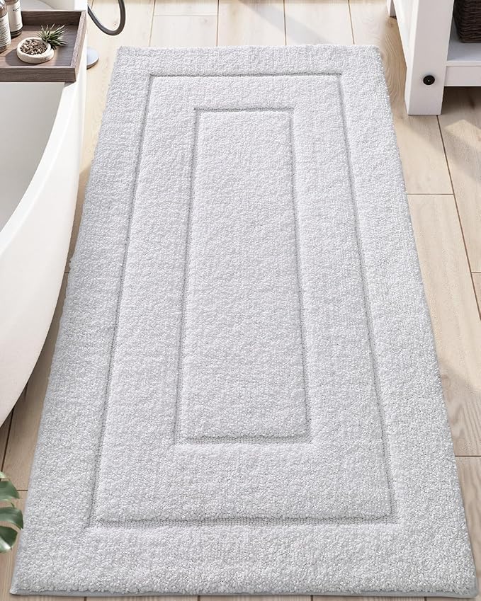 DEXI Bathroom Rug 60x24, Non Slip Washable Bath Mat Runner for Shower Floor, Extra Long Absorbent Soft Bathmat with Rubber Backing, Quick Dry Microfiber Carpet, White