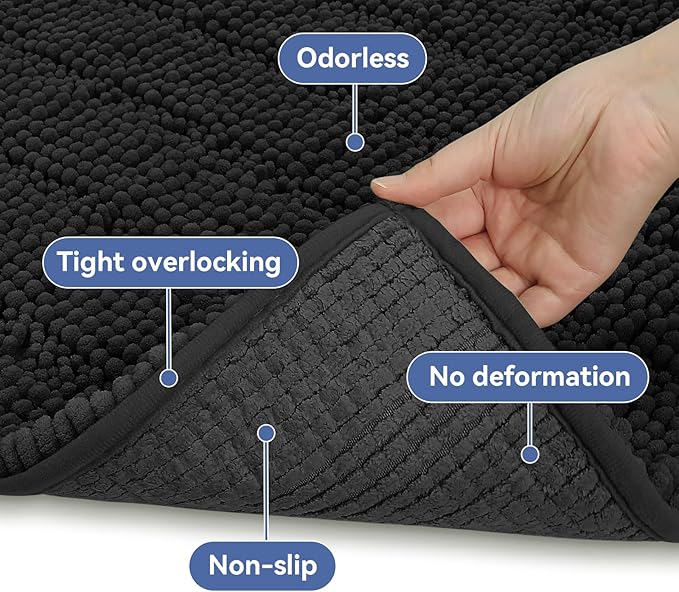 Bcoimo 48"×24" Chenille Bath Mat – Non-Slip with Backing Bath Rug Ultra-Absorbent and Machine Washable Bathroom Mat Quick-Dry Design. Ideal for Bathroom and Tub Areas