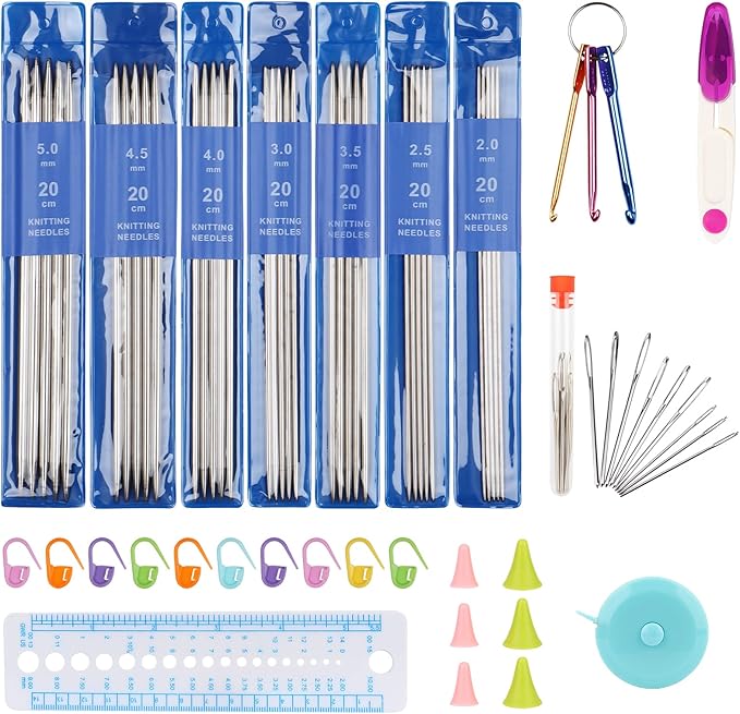 Coopay Double Pointed Knitting Needles Set 7.9", 35 PCS Stainless Steel Straight Knitting Needles 2.0mm-5.0mm, Double Ended Sweater Knitting Set Knitting Needle Kit with Knitting & Crochet Supplies