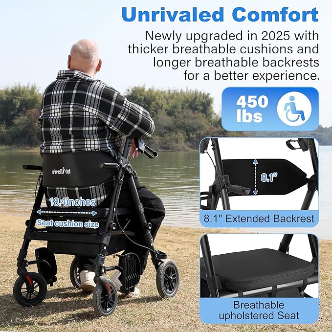 Walkers for Seniors,Heavy Duty Rollator Walker Wheelchair Combo, 2 in 1 Rollator Transport Chair with Brakes, 450 lb Rolling Walker 10" Big Wheels for All Terrain, Black