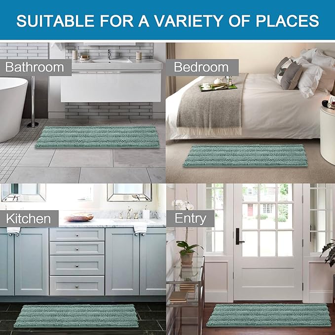 H.VERSAILTEX Bath Rugs for Bathroom Non Slip Bath Mats Extra Thick Chenille Striped Bath Rug Runners 47" x 17" Absorbent Fluffy Soft Shaggy Mats Plush Area Carpet for Bath Room - Eggshell Blue