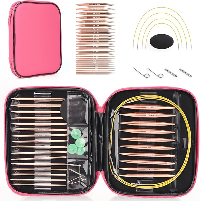 Interchangeable Circular Knitting Needles Set, 13 Pairs (26pcs) Rose Gold Aluminum Knitting Needles Kit, Sizes 3.0mm–10.0mm, Knitting Needle Case & Accessories for Knitting Beginners & Advanced
